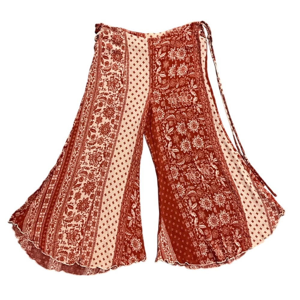 Free People Bandana Print Cropped Flare Pants Side Cutout Tie Rust Cream Size S